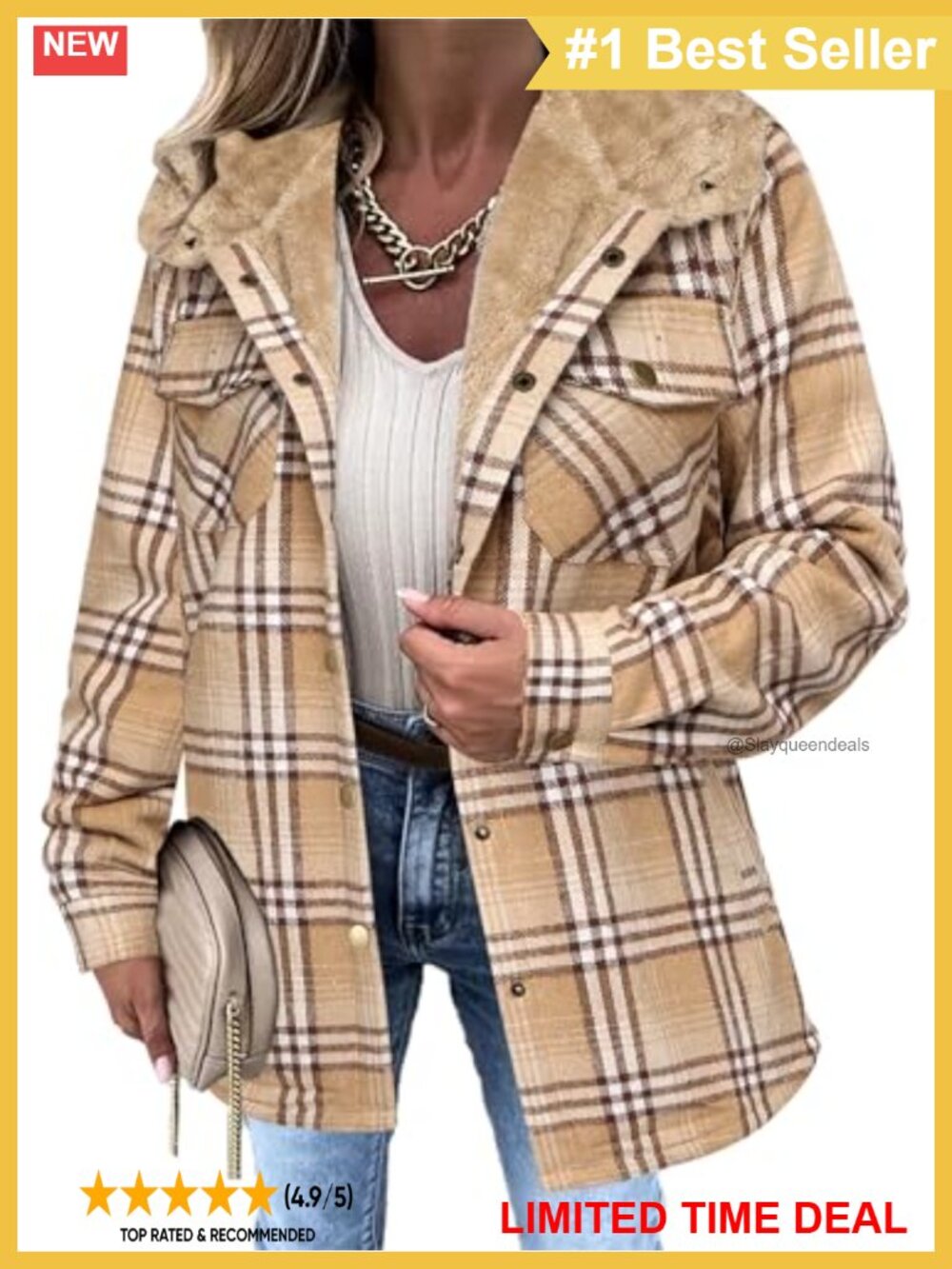 Plaid Shacket Fleece Lined Hooded Button Jacket Warm Oversized